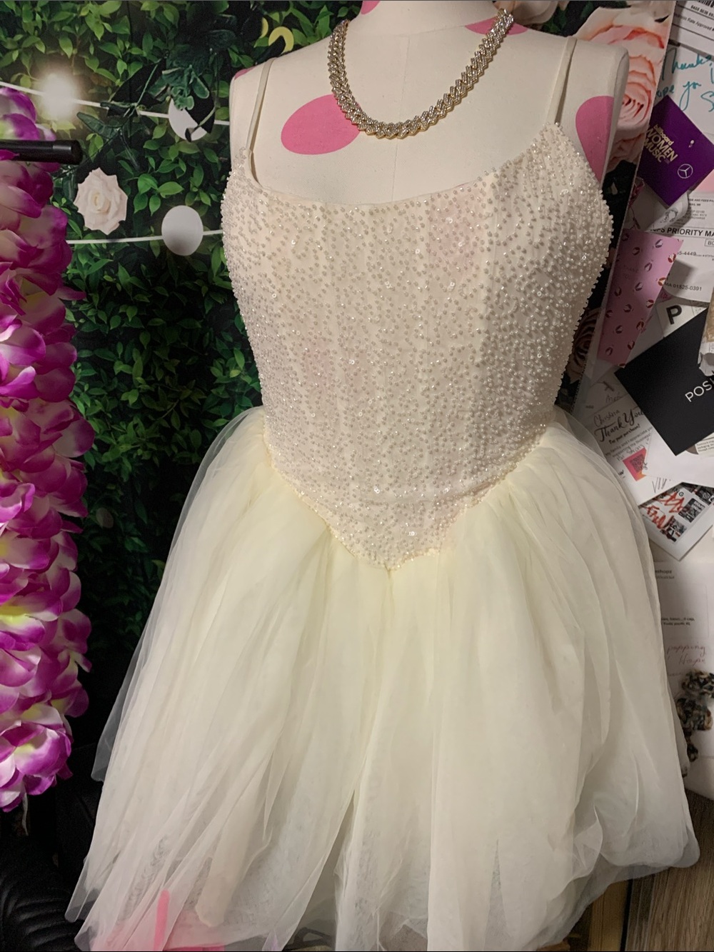 Oh Polly White Eugenie Embellished Corset Ivory Beaded Tulle Mini Dress - Picture 8 of 12